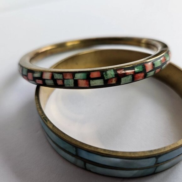 BOHO Vtg Handmade Inlayed Multicolor Bangle Bracelets Blue Red Green 2.5" - Picture 1 of 10